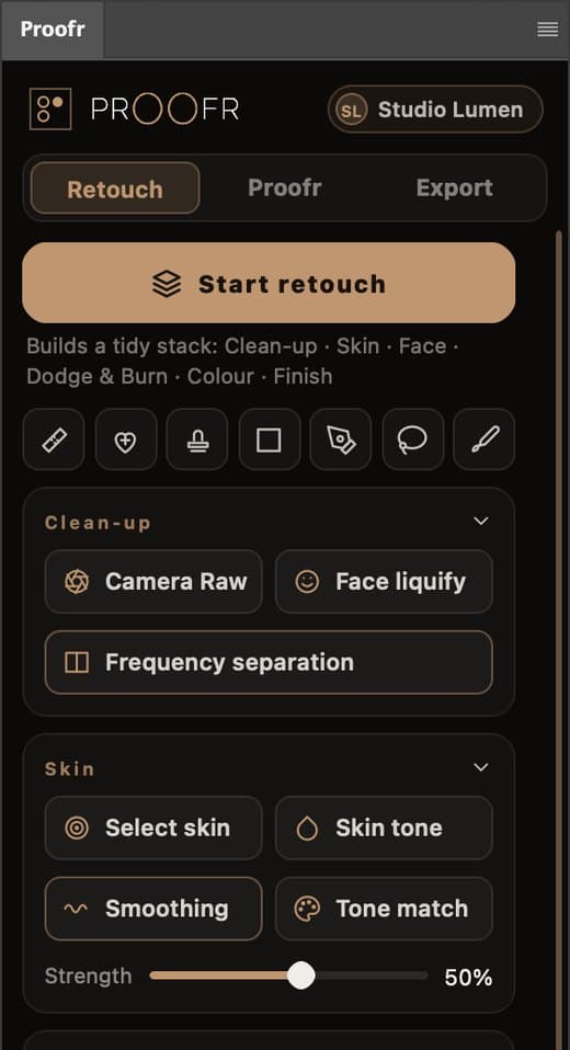 The Proofr panel docked in Photoshop, showing the Retouch tab